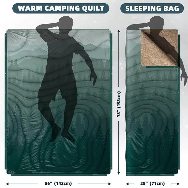Alt view image 4 of 7 - Outdoor Camping Blanket with Sherpa Lining, Extra Warm Thick Camp Blankets and Puffy Ultralight Soft Poncho DWR Camping Quilt for Cold Weather, Adventure, Sleeping, Backpacking 78"x 56"