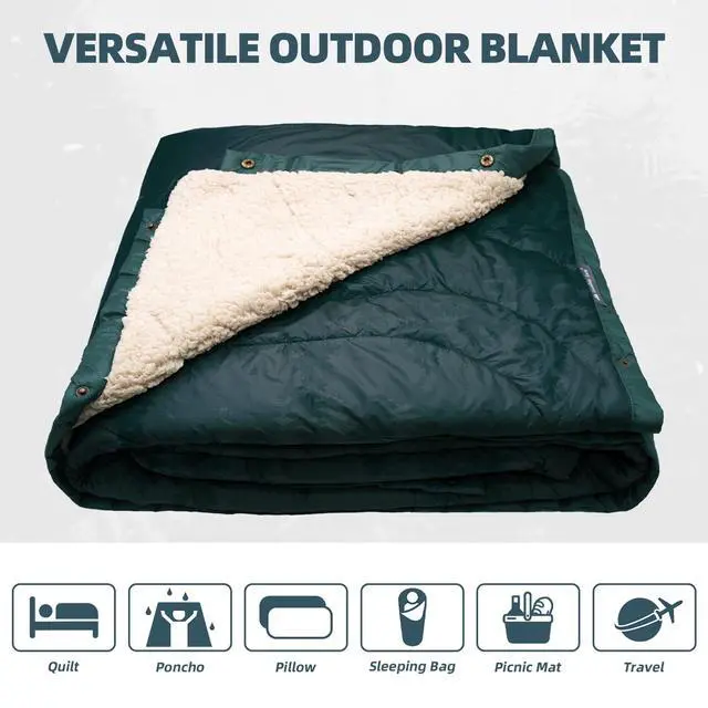 Alt view image 3 of 7 - Outdoor Camping Blanket with Sherpa Lining, Extra Warm Thick Camp Blankets and Puffy Ultralight Soft Poncho DWR Camping Quilt for Cold Weather, Adventure, Sleeping, Backpacking 78"x 56"