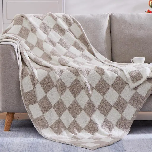 Main image of Checkered Throw Blanket, Taupe Soft Cozy Fluffy Warm Hand Made Throw Blankets for Couch, Sofa, Chair, Bed, Camping, Picnic, Travel Lightweight Bed Blanket - 60"*80"