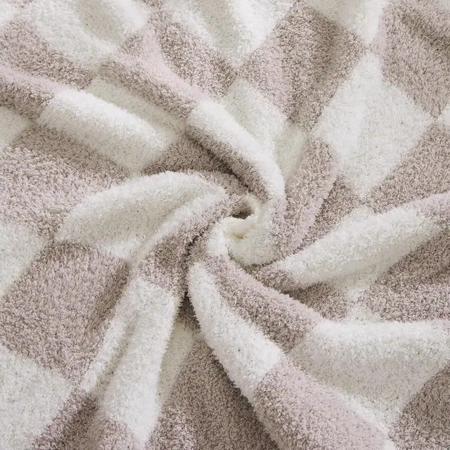 Alt view image 3 of 6 - Checkered Throw Blanket, Taupe Soft Cozy Fluffy Warm Hand Made Throw Blankets for Couch, Sofa, Chair, Bed, Camping, Picnic, Travel Lightweight Bed Blanket - 60"*80"