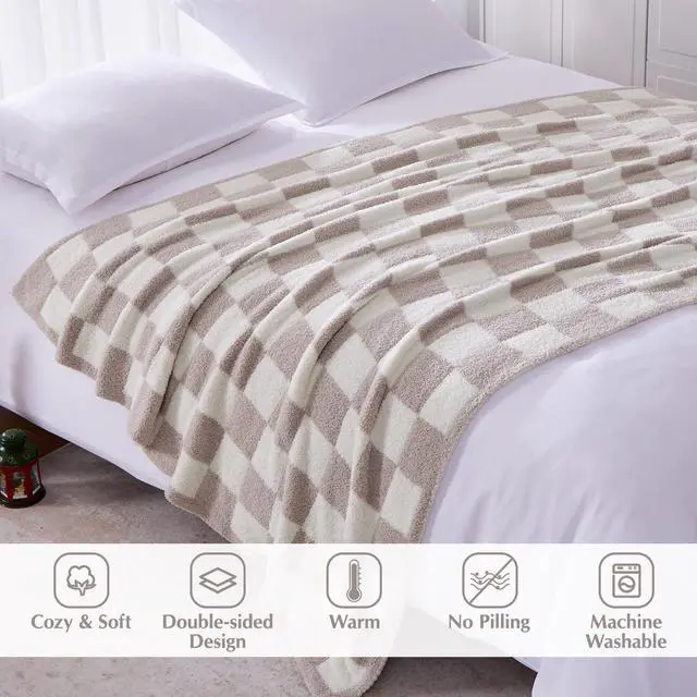 Alt view image 2 of 6 - Checkered Throw Blanket, Taupe Soft Cozy Fluffy Warm Hand Made Throw Blankets for Couch, Sofa, Chair, Bed, Camping, Picnic, Travel Lightweight Bed Blanket - 60"*80"