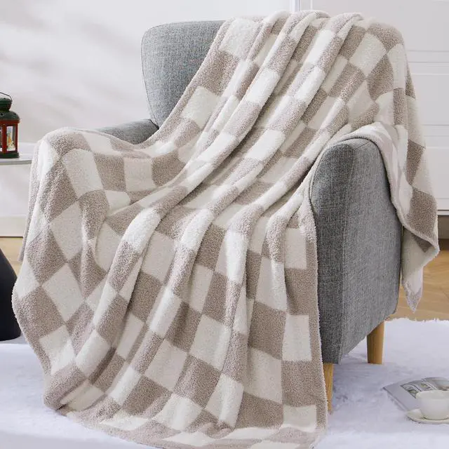 Alt view image 5 of 6 - Checkered Throw Blanket, Taupe Soft Cozy Fluffy Warm Hand Made Throw Blankets for Couch, Sofa, Chair, Bed, Camping, Picnic, Travel Lightweight Bed Blanket - 60"*80"