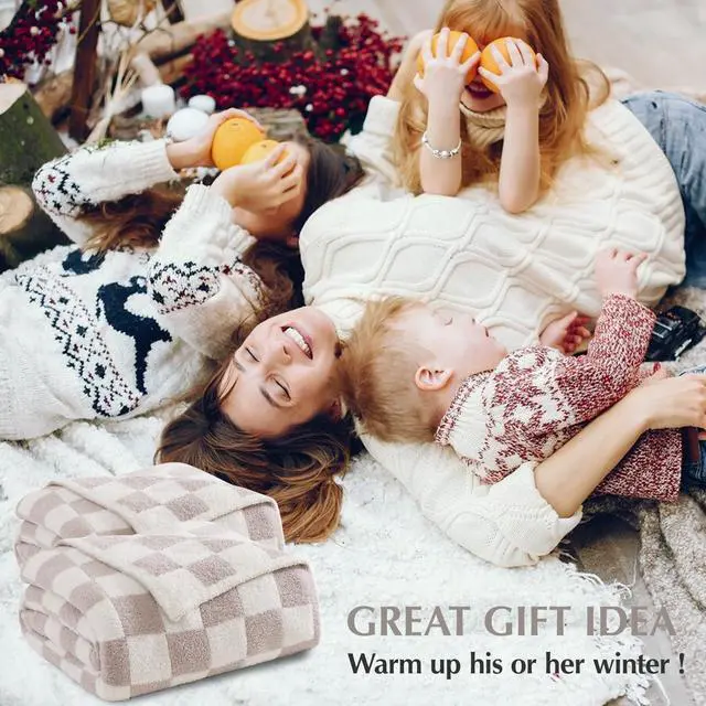 Alt view image 6 of 6 - Checkered Throw Blanket, Taupe Soft Cozy Fluffy Warm Hand Made Throw Blankets for Couch, Sofa, Chair, Bed, Camping, Picnic, Travel Lightweight Bed Blanket - 60"*80"