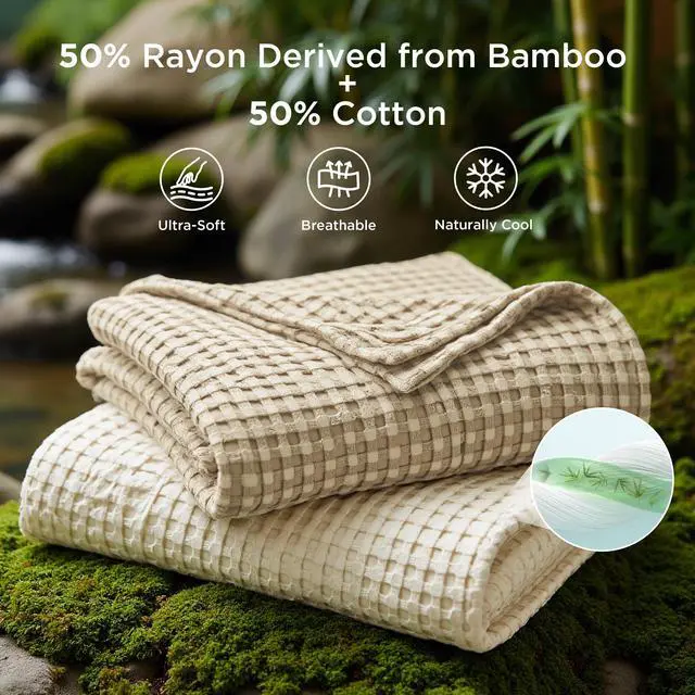 Alt view image 2 of 7 - Cooling Cotton Waffle King Size Blanket - Lightweight Breathable Summer Blanket of Rayon Derived from Bamboo for Hot Sleepers, Luxury Throws for Bed, Couch and Sofa, Light Brown, 104x90 Inches