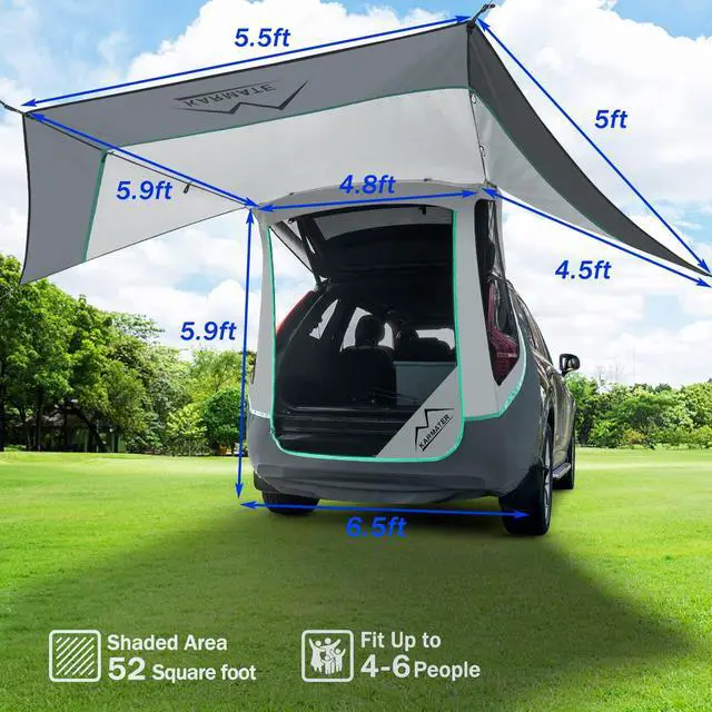 Alt view image 3 of 6 - SUV Tailgate Tent with Poles &Three Sides Awning Shade & Transmittance Mosquito Net, Hatchback Camping Sunproof Car Tenting, Universal SUV Windproof Camping Gear Tent Outdoor Travel