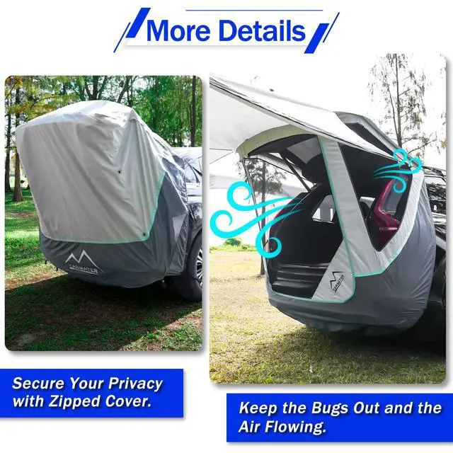 Alt view image 4 of 6 - SUV Tailgate Tent with Poles &Three Sides Awning Shade & Transmittance Mosquito Net, Hatchback Camping Sunproof Car Tenting, Universal SUV Windproof Camping Gear Tent Outdoor Travel