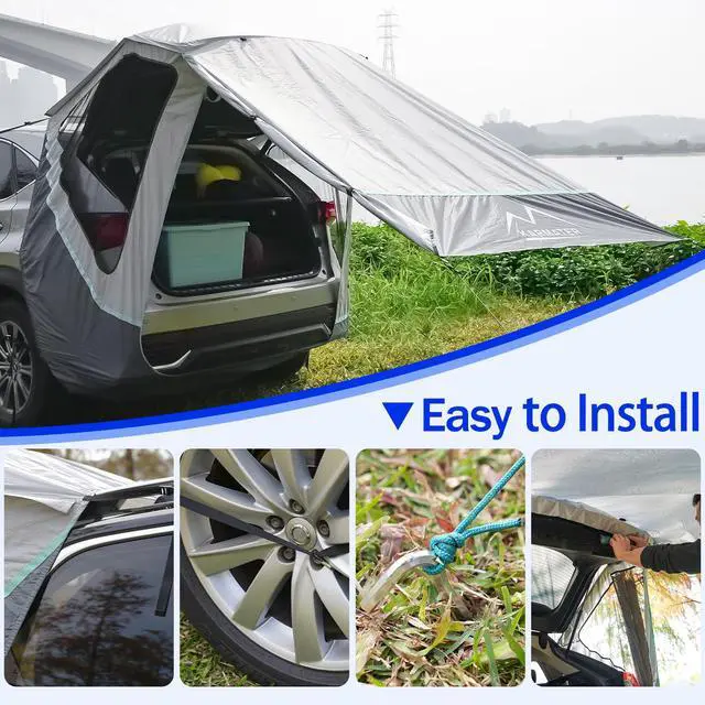 Alt view image 6 of 6 - SUV Tailgate Tent with Poles &Three Sides Awning Shade & Transmittance Mosquito Net, Hatchback Camping Sunproof Car Tenting, Universal SUV Windproof Camping Gear Tent Outdoor Travel