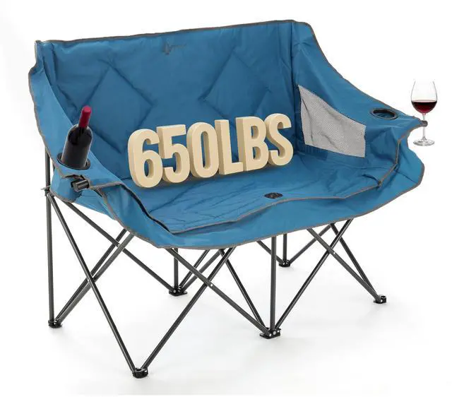 Main image of Portable Folding Double Duo Camping Chair Loveseat w/ 2 Cup & Wine Glass Holder, Heavy-Duty Carrying Bag, Padded Seats & Armrests, Supports up to 500lbs, USA-Based Support