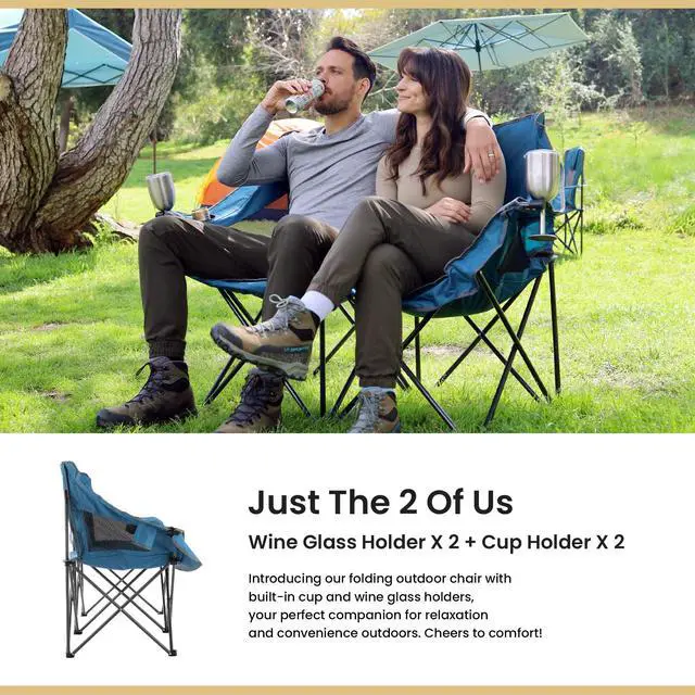 Alt view image 3 of 7 - Portable Folding Double Duo Camping Chair Loveseat w/ 2 Cup & Wine Glass Holder, Heavy-Duty Carrying Bag, Padded Seats & Armrests, Supports up to 500lbs, USA-Based Support