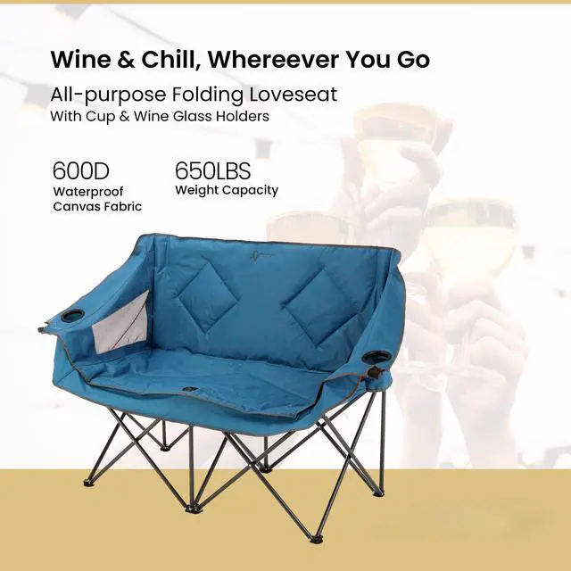 Alt view image 2 of 7 - Portable Folding Double Duo Camping Chair Loveseat w/ 2 Cup & Wine Glass Holder, Heavy-Duty Carrying Bag, Padded Seats & Armrests, Supports up to 500lbs, USA-Based Support