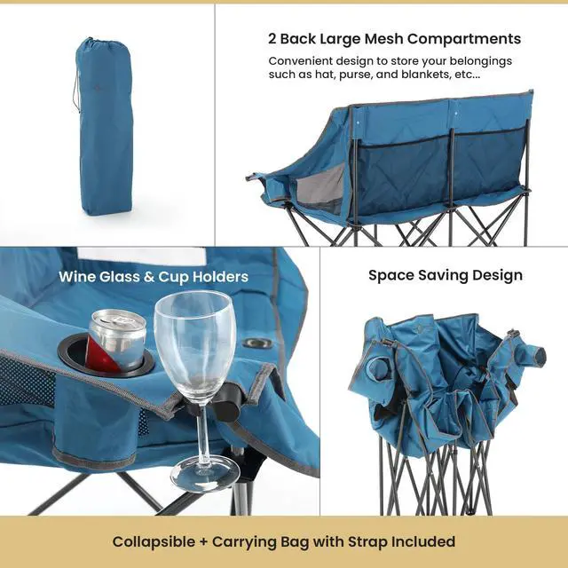 Alt view image 4 of 7 - Portable Folding Double Duo Camping Chair Loveseat w/ 2 Cup & Wine Glass Holder, Heavy-Duty Carrying Bag, Padded Seats & Armrests, Supports up to 500lbs, USA-Based Support