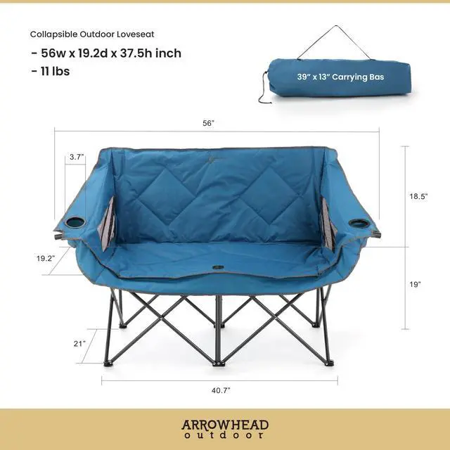 Alt view image 6 of 7 - Portable Folding Double Duo Camping Chair Loveseat w/ 2 Cup & Wine Glass Holder, Heavy-Duty Carrying Bag, Padded Seats & Armrests, Supports up to 500lbs, USA-Based Support