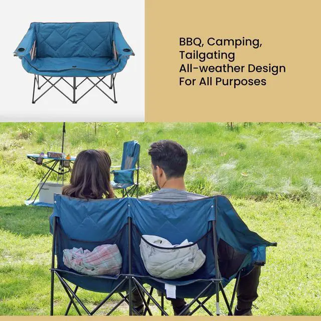Alt view image 7 of 7 - Portable Folding Double Duo Camping Chair Loveseat w/ 2 Cup & Wine Glass Holder, Heavy-Duty Carrying Bag, Padded Seats & Armrests, Supports up to 500lbs, USA-Based Support