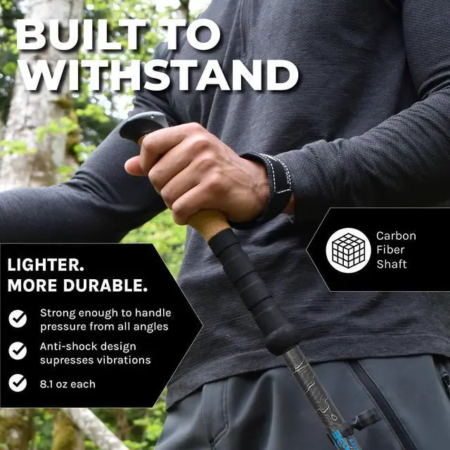 Alt view image 2 of 7 - Trekking Poles - Carbon Fiber Walking or Hiking Sticks with Quick Adjustable Locks (Set of 2), Grey