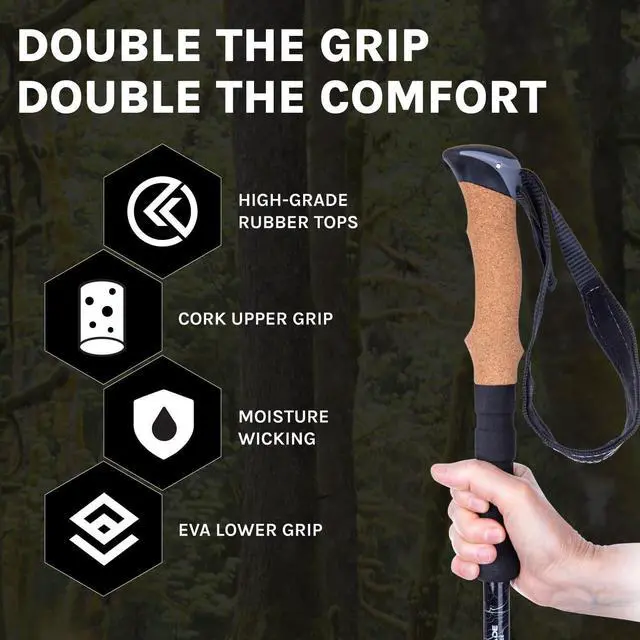 Alt view image 3 of 7 - Trekking Poles - Carbon Fiber Walking or Hiking Sticks with Quick Adjustable Locks (Set of 2), Grey