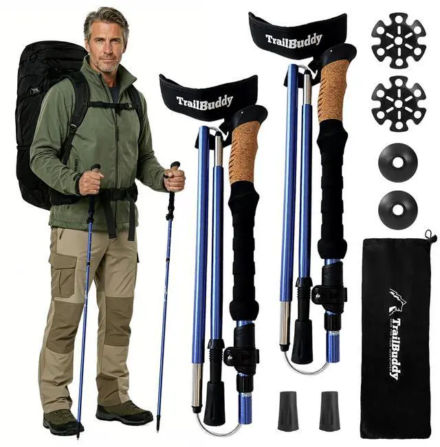 Main image of Foldable Trekking Poles Ultralight 7075 Aluminum, EVA & Cork Grip Collapsible Hiking Poles Lightweight Adjustable Walking Sticks for Men, Women, Seniors & Travel