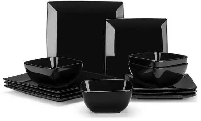 Main image of Soho Dinnerware Sets 12 Pieces, Black Stoneware Square Place Setting, Plates and Bowls Sets, Dinner Plate, Dishes Set for 4