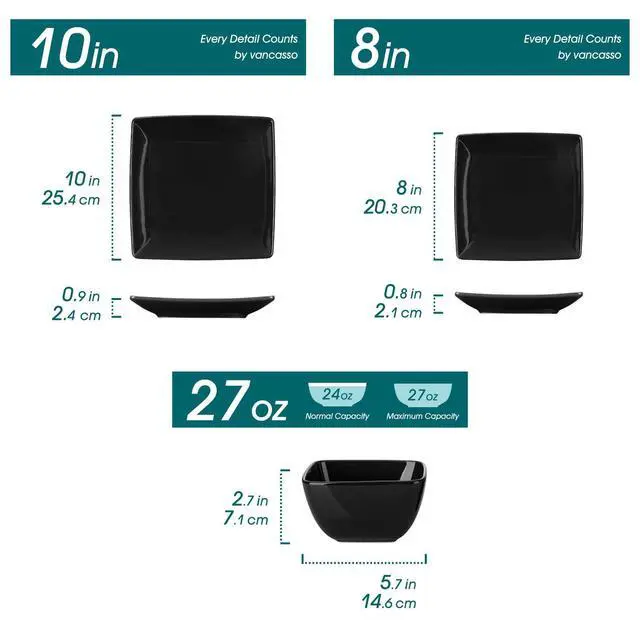 Alt view image 2 of 7 - Soho Dinnerware Sets 12 Pieces, Black Stoneware Square Place Setting, Plates and Bowls Sets, Dinner Plate, Dishes Set for 4