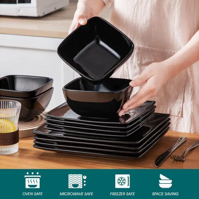 Alt view image 3 of 7 - Soho Dinnerware Sets 12 Pieces, Black Stoneware Square Place Setting, Plates and Bowls Sets, Dinner Plate, Dishes Set for 4