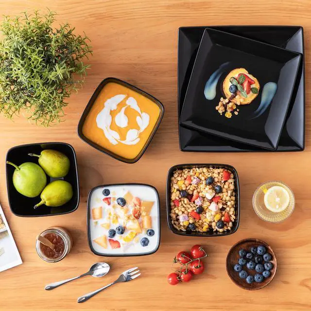 Alt view image 7 of 7 - Soho Dinnerware Sets 12 Pieces, Black Stoneware Square Place Setting, Plates and Bowls Sets, Dinner Plate, Dishes Set for 4