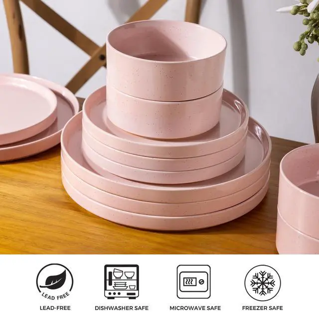 Alt view image 5 of 7 - Ceramic Dinnerware Set for 4 | Speckled Stoneware Plates and Bowls with unglazed terracotta | Scratch Resistant, Dishwasher & Microwave Safe Dishes Sets- 12-Pcs Pink