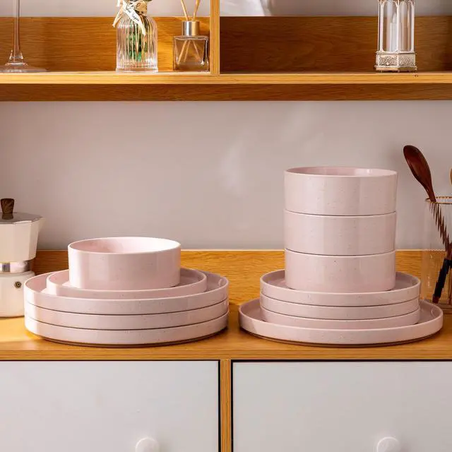 Alt view image 7 of 7 - Ceramic Dinnerware Set for 4 | Speckled Stoneware Plates and Bowls with unglazed terracotta | Scratch Resistant, Dishwasher & Microwave Safe Dishes Sets- 12-Pcs Pink