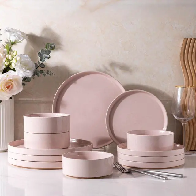 Main image of Ceramic Dinnerware Set for 4 | Speckled Stoneware Plates and Bowls with unglazed terracotta | Scratch Resistant, Dishwasher & Microwave Safe Dishes Sets- 12-Pcs Pink