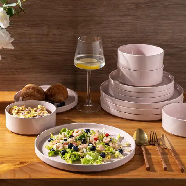 Alt view image 3 of 7 - Ceramic Dinnerware Set for 4 | Speckled Stoneware Plates and Bowls with unglazed terracotta | Scratch Resistant, Dishwasher & Microwave Safe Dishes Sets- 12-Pcs Pink