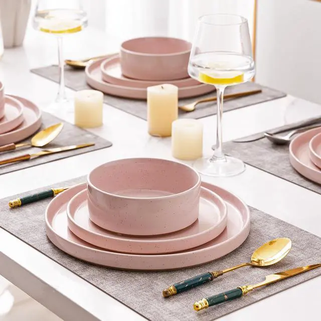 Alt view image 6 of 7 - Ceramic Dinnerware Set for 4 | Speckled Stoneware Plates and Bowls with unglazed terracotta | Scratch Resistant, Dishwasher & Microwave Safe Dishes Sets- 12-Pcs Pink