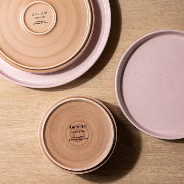 Alt view image 4 of 7 - Ceramic Dinnerware Set for 4 | Speckled Stoneware Plates and Bowls with unglazed terracotta | Scratch Resistant, Dishwasher & Microwave Safe Dishes Sets- 12-Pcs Pink