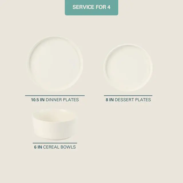 Alt view image 2 of 7 - Dempsey Road 12-Piece Stoneware Dinnerware Set Service for 4, Round White Plates and Bowls, Durable Solid Color Modern Embossed Dish Set, Microwave & Dishwasher Safe