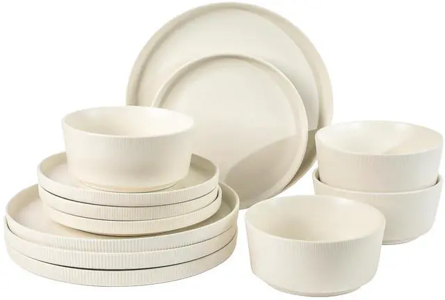 Main image of Dempsey Road 12-Piece Stoneware Dinnerware Set Service for 4, Round White Plates and Bowls, Durable Solid Color Modern Embossed Dish Set, Microwave & Dishwasher Safe