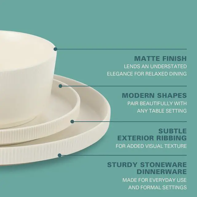 Alt view image 3 of 7 - Dempsey Road 12-Piece Stoneware Dinnerware Set Service for 4, Round White Plates and Bowls, Durable Solid Color Modern Embossed Dish Set, Microwave & Dishwasher Safe