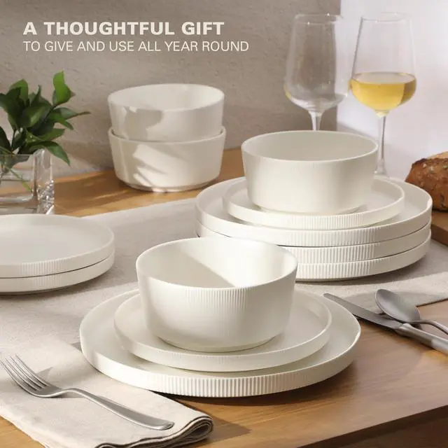 Alt view image 4 of 7 - Dempsey Road 12-Piece Stoneware Dinnerware Set Service for 4, Round White Plates and Bowls, Durable Solid Color Modern Embossed Dish Set, Microwave & Dishwasher Safe