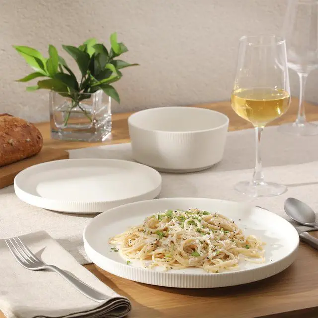 Alt view image 5 of 7 - Dempsey Road 12-Piece Stoneware Dinnerware Set Service for 4, Round White Plates and Bowls, Durable Solid Color Modern Embossed Dish Set, Microwave & Dishwasher Safe