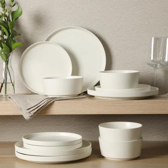 Alt view image 6 of 7 - Dempsey Road 12-Piece Stoneware Dinnerware Set Service for 4, Round White Plates and Bowls, Durable Solid Color Modern Embossed Dish Set, Microwave & Dishwasher Safe
