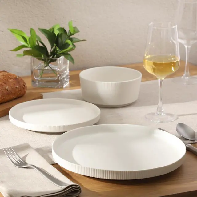 Alt view image 7 of 7 - Dempsey Road 12-Piece Stoneware Dinnerware Set Service for 4, Round White Plates and Bowls, Durable Solid Color Modern Embossed Dish Set, Microwave & Dishwasher Safe