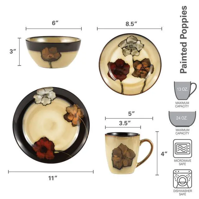 Alt view image 2 of 7 - Painted Poppies 16-Piece Dinnerware Set, Service for 4, Colorful Floral Stoneware Plates, Bowls, and Mugs, Microwave and Dishwasher Safe