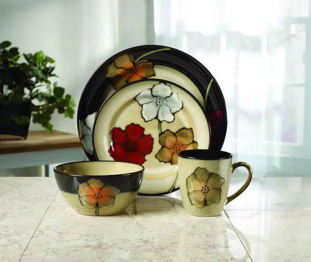 Alt view image 3 of 7 - Painted Poppies 16-Piece Dinnerware Set, Service for 4, Colorful Floral Stoneware Plates, Bowls, and Mugs, Microwave and Dishwasher Safe
