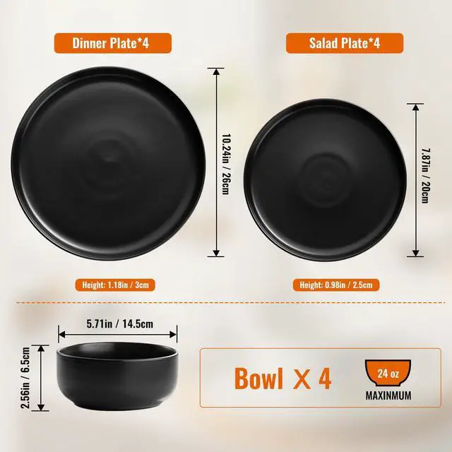 Alt view image 4 of 7 - Plates and Bowls Sets, 12 Pieces Ceramic Dinnerware Set for 4, Stoneware Dishware Dishes Set, Scratch Resistant Dishes Set, Dishwasher & Microwave Safe, Black