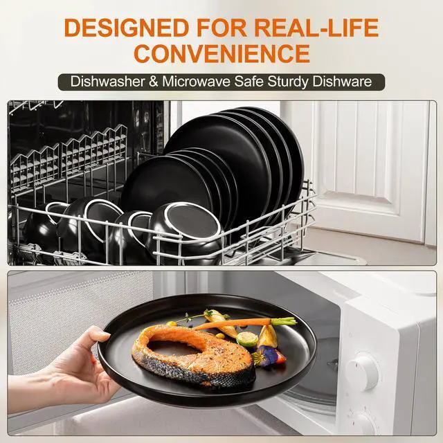 Alt view image 6 of 7 - Plates and Bowls Sets, 12 Pieces Ceramic Dinnerware Set for 4, Stoneware Dishware Dishes Set, Scratch Resistant Dishes Set, Dishwasher & Microwave Safe, Black