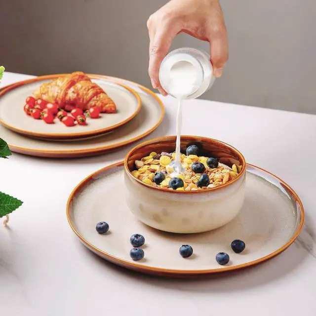 Alt view image 3 of 7 - Ceramic Dinnerware Sets for 4,12-Piece Plates and Bowls,Handmade Reactive Glaze Dishes Set,Chip Resistant and Scratch Resistant | Oven Dishwasher & Microwave Safe,Service for 4-Kahki