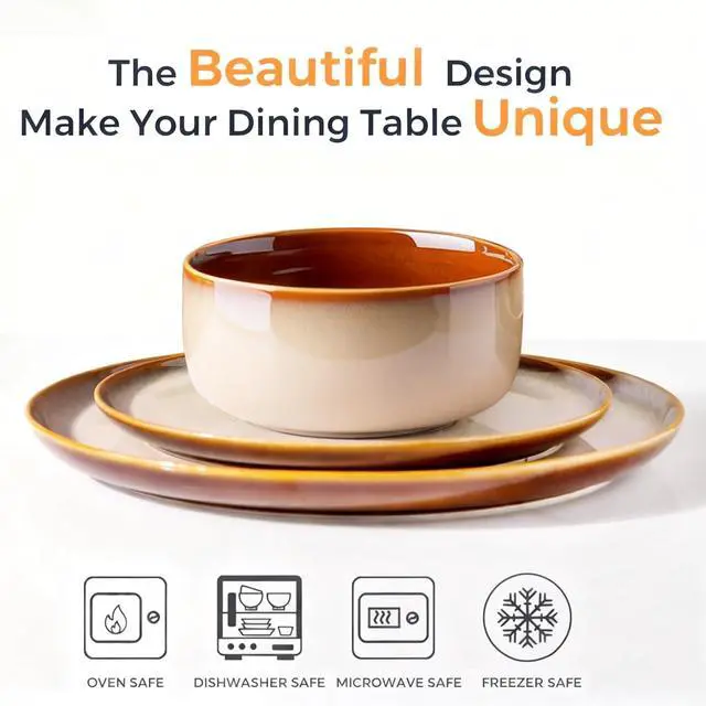 Alt view image 2 of 7 - Ceramic Dinnerware Sets for 4,12-Piece Plates and Bowls,Handmade Reactive Glaze Dishes Set,Chip Resistant and Scratch Resistant | Oven Dishwasher & Microwave Safe,Service for 4-Kahki
