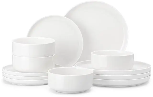 Main image of Plates and Bowls Sets, 12 Pieces Porcelain Dinnerware Sets Dishware Sets Chip Resistant Ceramic Dish Set Dining Dinner Ware Service for 4, White, Series LUNA