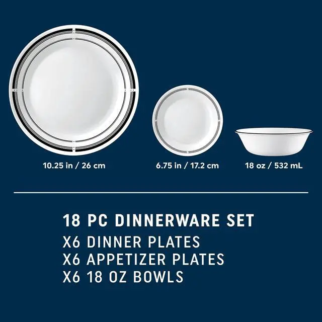 Alt view image 4 of 5 - 18-Piece Round Dinnerware Set Service for 6, Lightweight Round Plates and Bowls Set, Vitrelle Triple Layer Glass, Chip and Scratch Resistant, Microwave and Dishwasher Safe, Brasserie