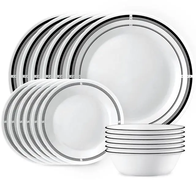 Main image of 18-Piece Round Dinnerware Set Service for 6, Lightweight Round Plates and Bowls Set, Vitrelle Triple Layer Glass, Chip and Scratch Resistant, Microwave and Dishwasher Safe, Brasserie