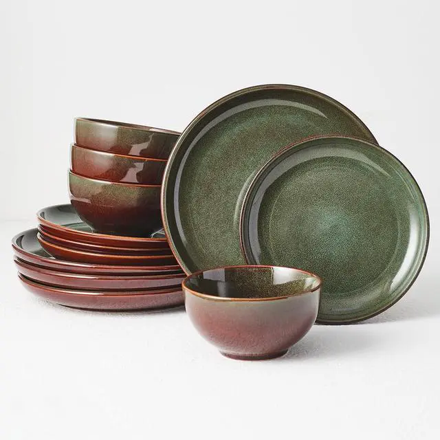 Main image of Stoneware Dinnerware Sets Service for 4, 12 pcs Reactive Glaze Plates and Bowls Sets, Handmade Ceramic Dish Set, Highly Chip and Crack Resistant Modern Plate Set, Brown Green