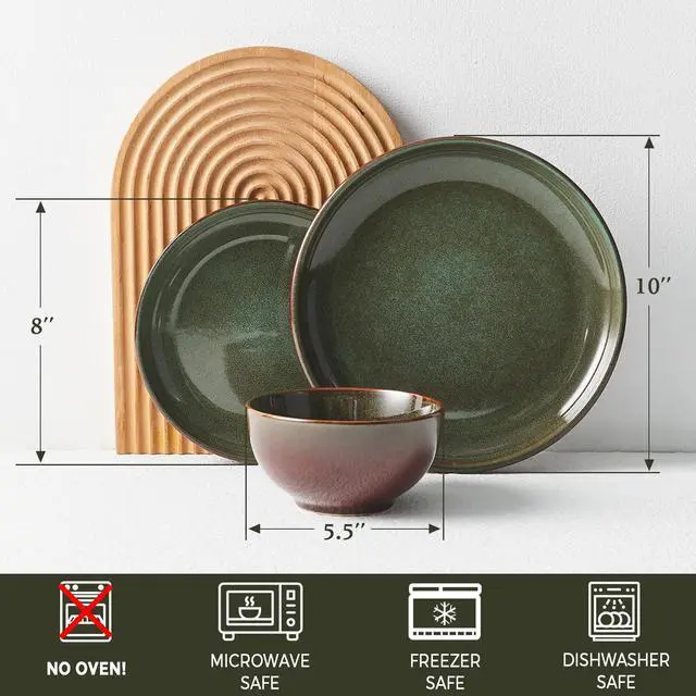 Alt view image 2 of 7 - Stoneware Dinnerware Sets Service for 4, 12 pcs Reactive Glaze Plates and Bowls Sets, Handmade Ceramic Dish Set, Highly Chip and Crack Resistant Modern Plate Set, Brown Green