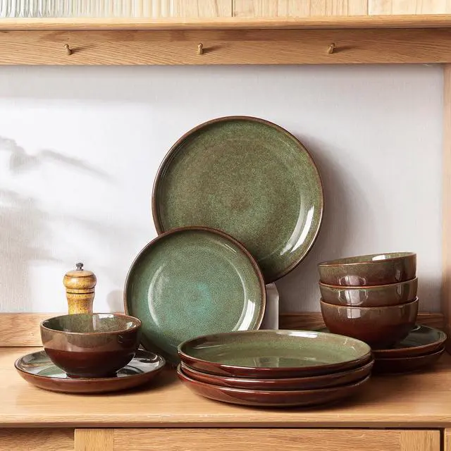 Alt view image 3 of 7 - Stoneware Dinnerware Sets Service for 4, 12 pcs Reactive Glaze Plates and Bowls Sets, Handmade Ceramic Dish Set, Highly Chip and Crack Resistant Modern Plate Set, Brown Green