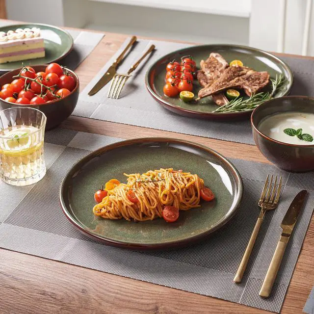 Alt view image 6 of 7 - Stoneware Dinnerware Sets Service for 4, 12 pcs Reactive Glaze Plates and Bowls Sets, Handmade Ceramic Dish Set, Highly Chip and Crack Resistant Modern Plate Set, Brown Green